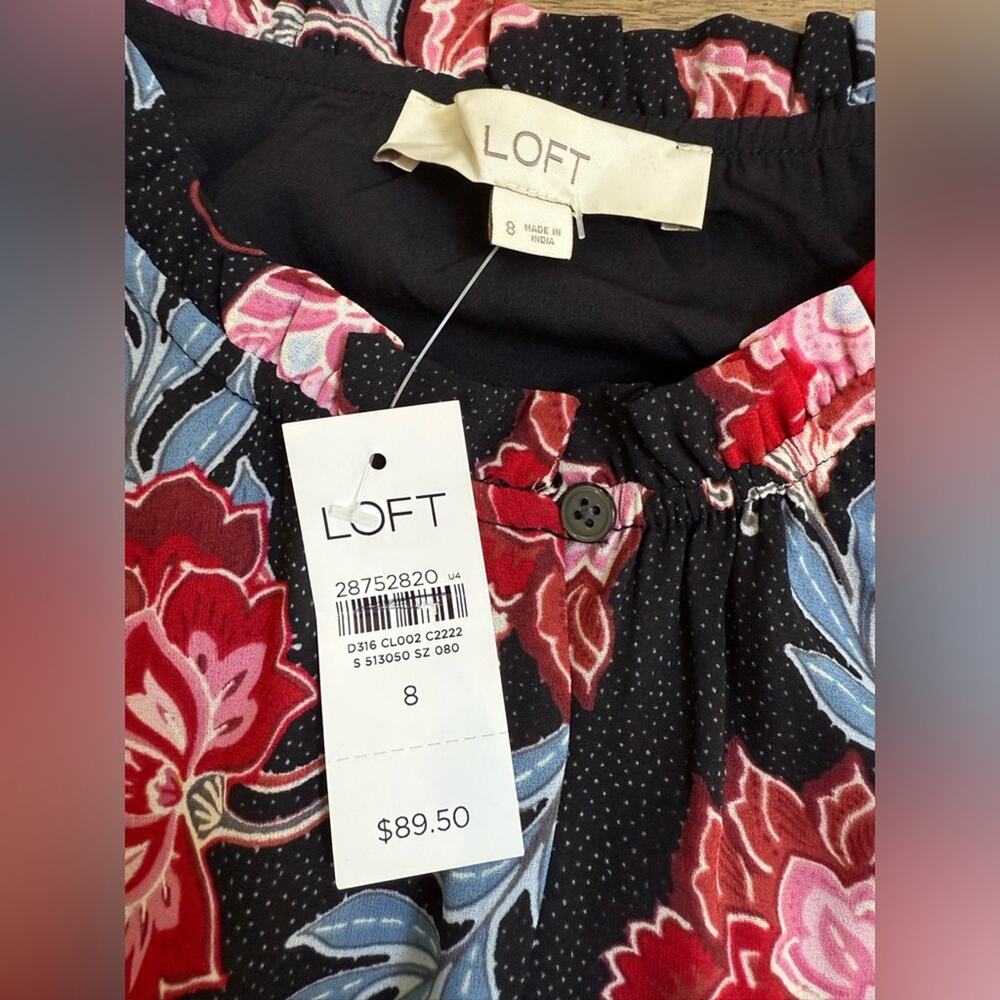 NWT LOFT Floral Smocked Waist Long Sleeve Mini Dress Black Red Blue Size 8 - Picture 5 of 9